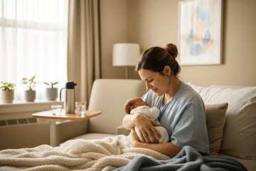 New mom on hospital bed with baby in her hands