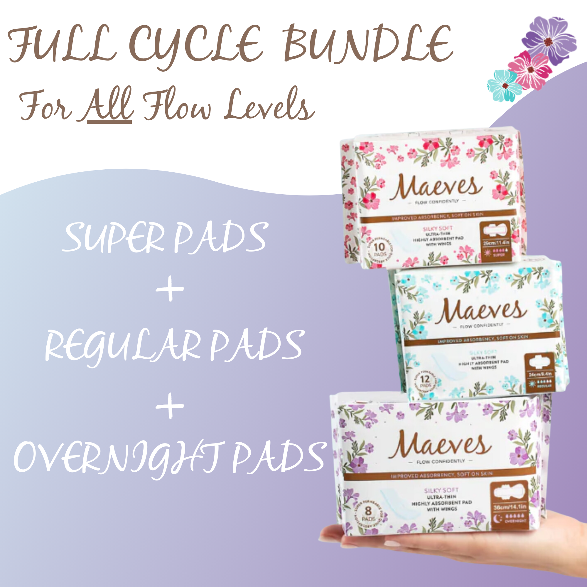 Maeves Full Cycle Bundle | 30ct | Regular + Super + Overnight Pads, All 3 Sizes, Organic, Moisture Sensitive, High Absorbency, Chemical Free, Ultra-Thin