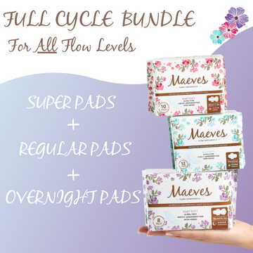 Maeves Full Cycle Bundle | 30ct | Regular + Super + Overnight Pads, All 3 Sizes, Organic, Moisture Sensitive, High Absorbency, Chemical Free, Ultra-Thin