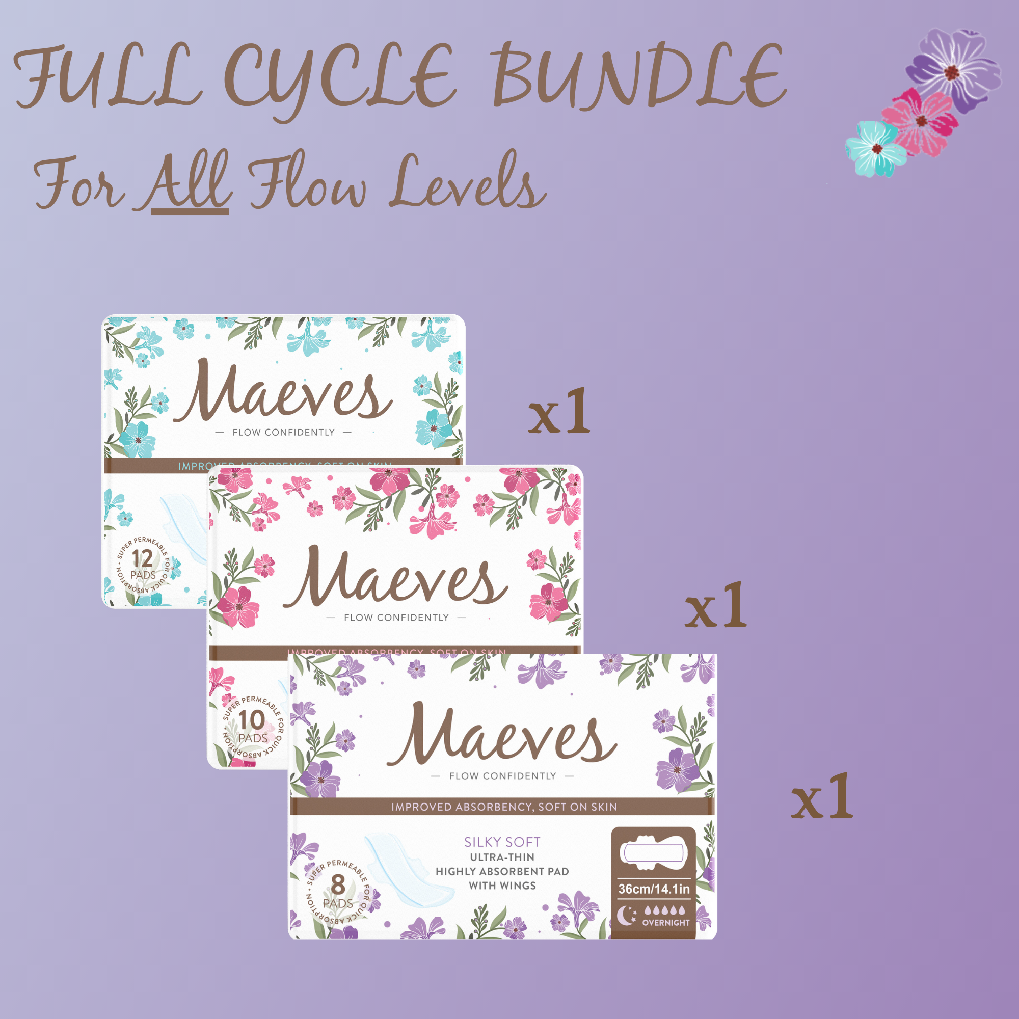 Maeves Full Cycle Bundle | 30ct | Regular + Super + Overnight Pads, All 3 Sizes, Organic, Moisture Sensitive, High Absorbency, Chemical Free, Ultra-Thin