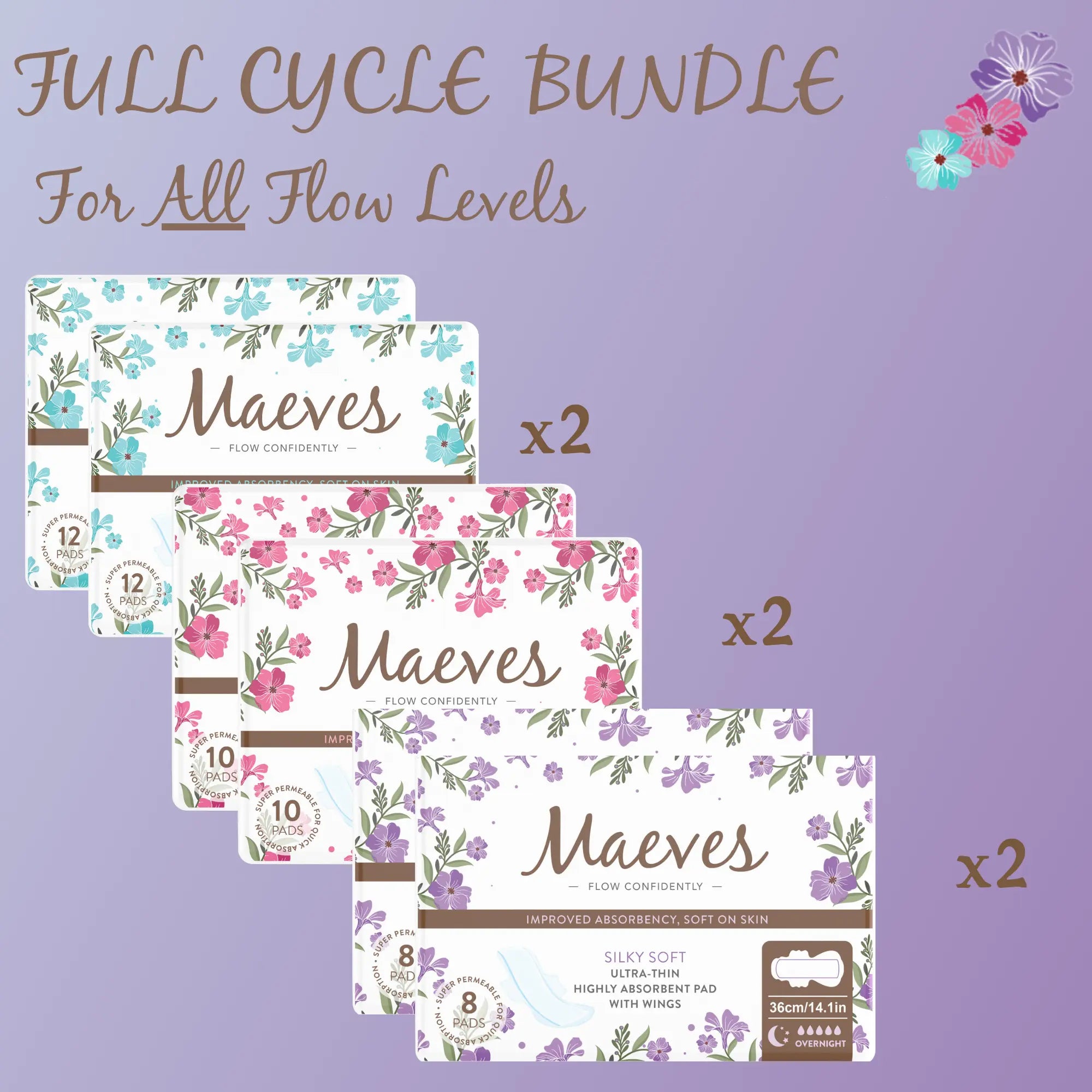 Full Cycle Bundle | Regular + Super + Overnight Pads | 60 for the price of 30 - Organic, Ultra-Thin, Renewable Fibres, Silky Smooth, Protects Body & Skin Maeves Pads