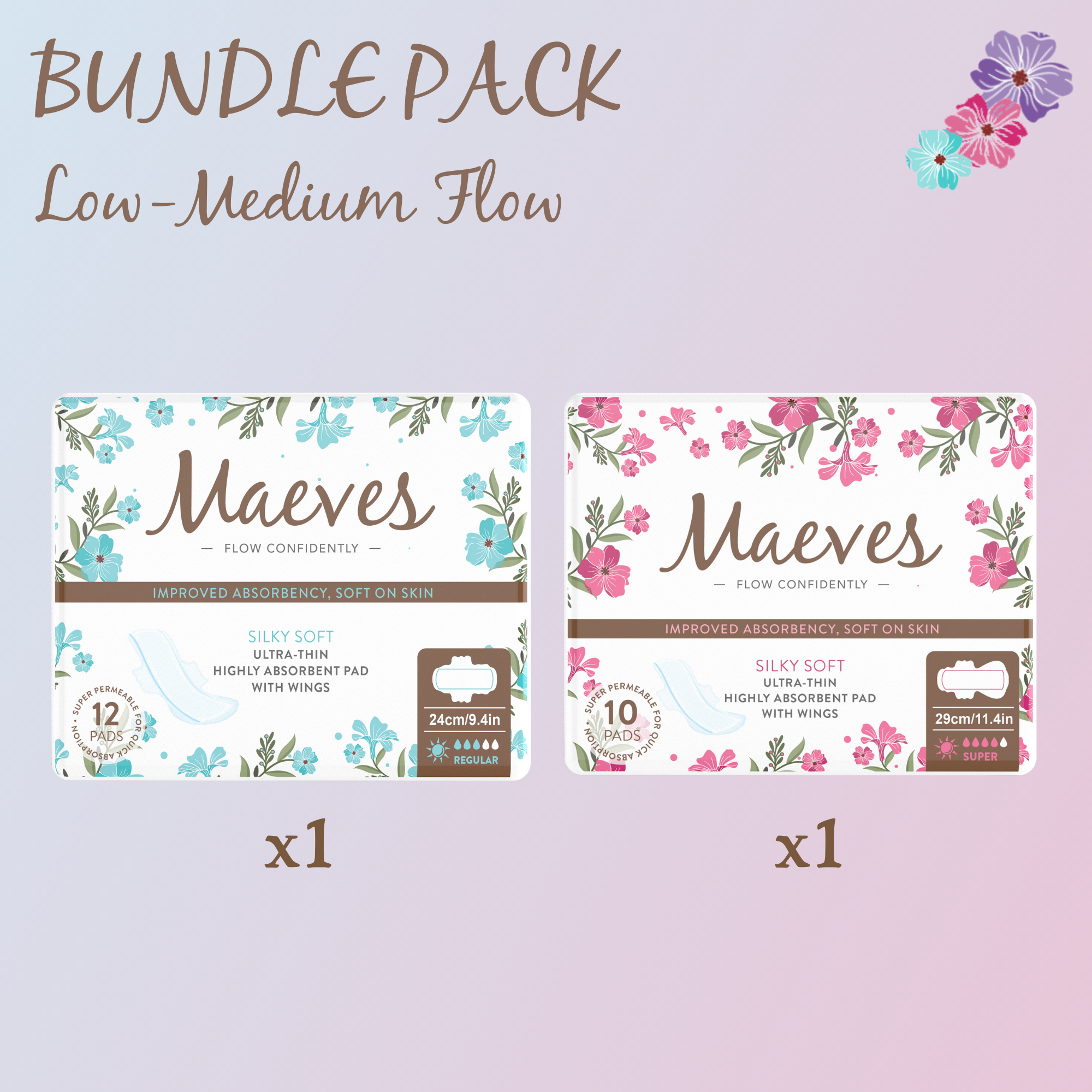 Meaves REGULAR Flow Bundle | 44ct | Regular + Super Pads, 2 sizes, Organic, Moisture Sensitive, High Absorbency, Chemical Free, Ultra-Thin