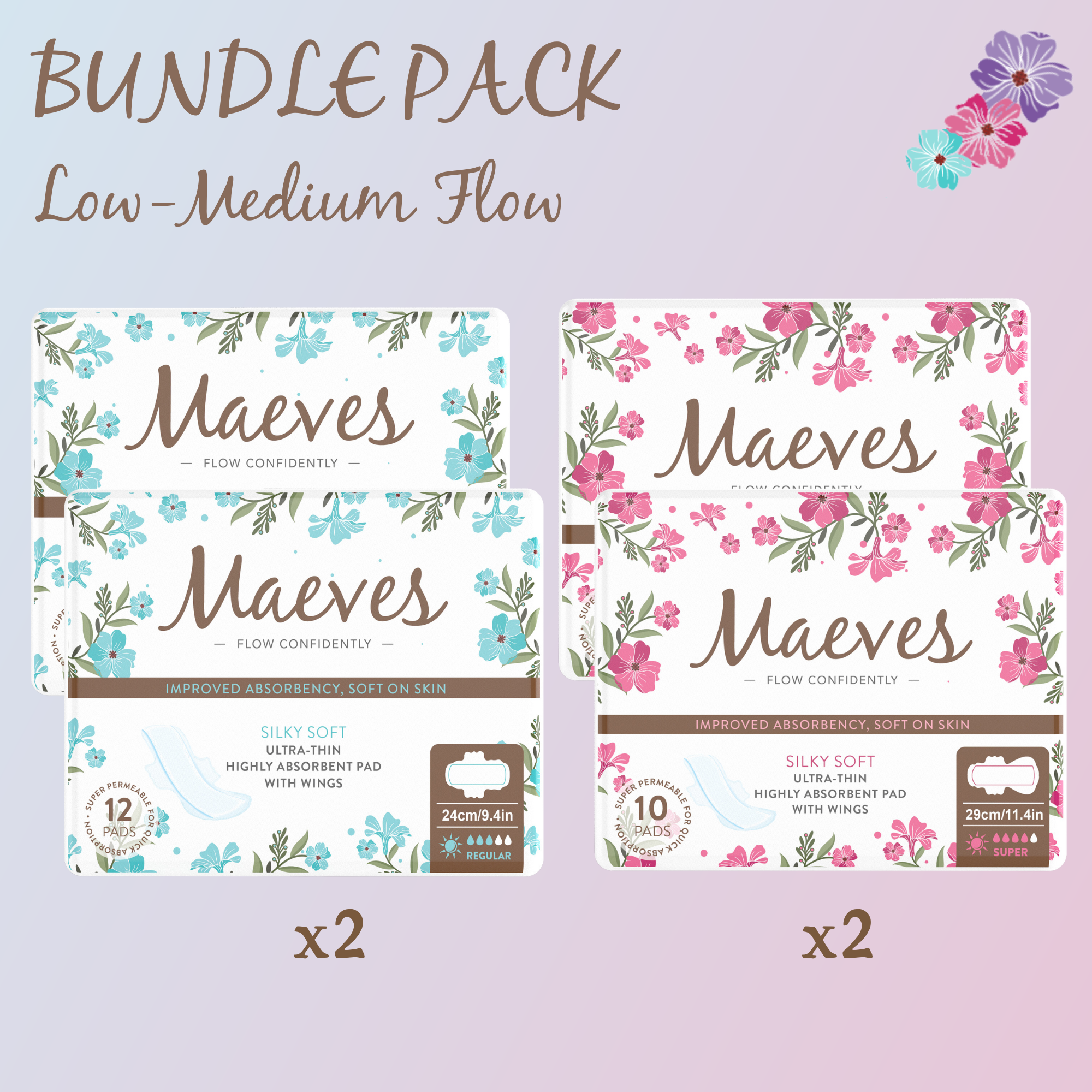 Meaves REGULAR Flow Bundle | 44ct | Regular + Super Pads, 2 sizes, Organic, Moisture Sensitive, High Absorbency, Chemical Free, Ultra-Thin