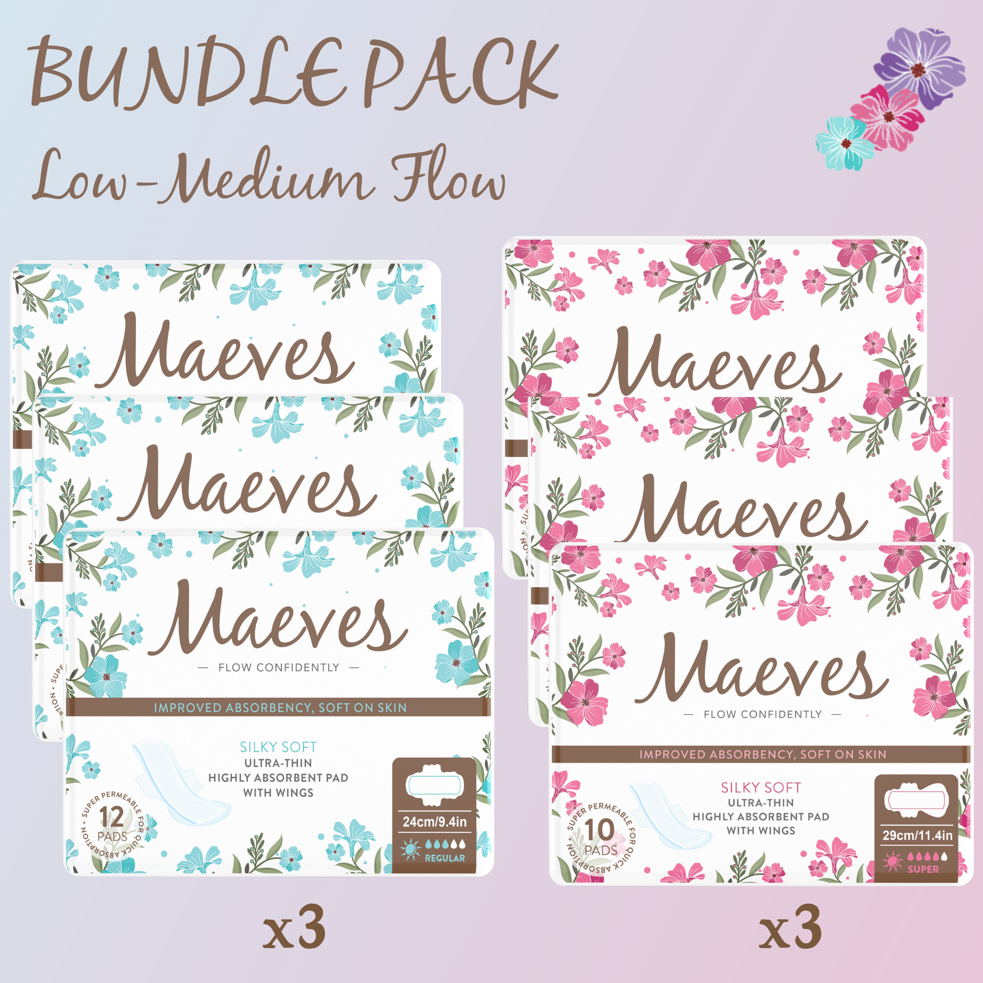 Meaves REGULAR Flow Bundle | 44ct | Regular + Super Pads, 2 sizes, Organic, Moisture Sensitive, High Absorbency, Chemical Free, Ultra-Thin