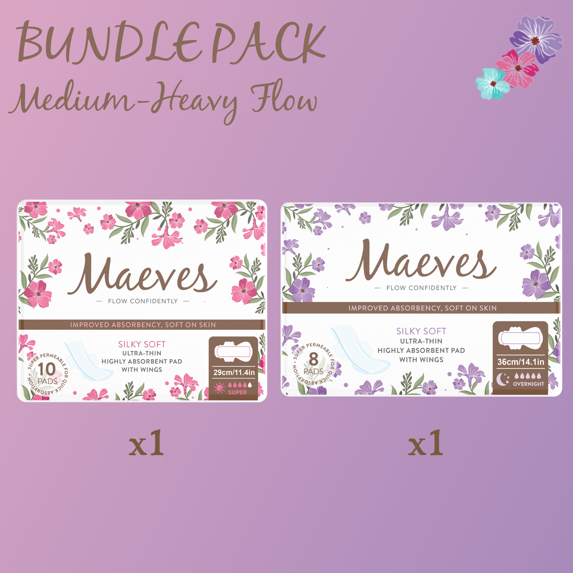 Meaves HEAVY Flow Bundle | 36ct | Super + Overnight Pads, 2 Sizes, Organic, Moisture Sensitive, High Absorbency, Chemical Free, Ultra-Thin