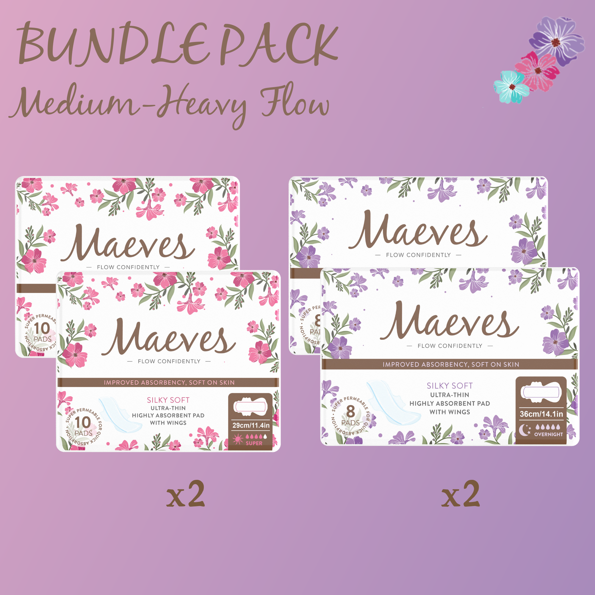 Meaves HEAVY Flow Bundle | 36ct | Super + Overnight Pads, 2 Sizes, Organic, Moisture Sensitive, High Absorbency, Chemical Free, Ultra-Thin