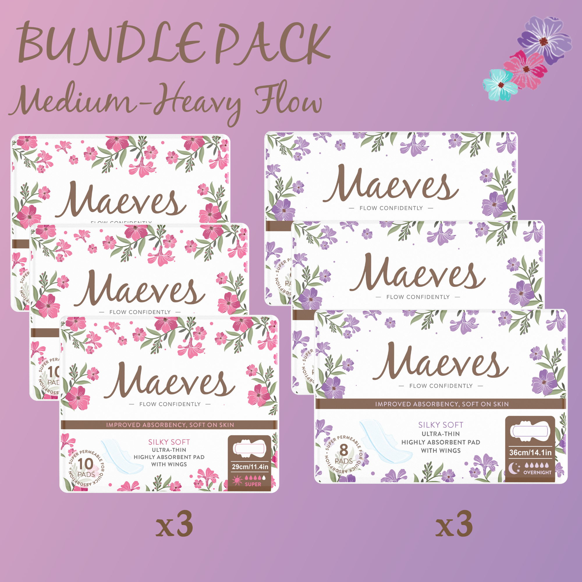 Meaves HEAVY Flow Bundle | 36ct | Super + Overnight Pads, 2 Sizes, Organic, Moisture Sensitive, High Absorbency, Chemical Free, Ultra-Thin