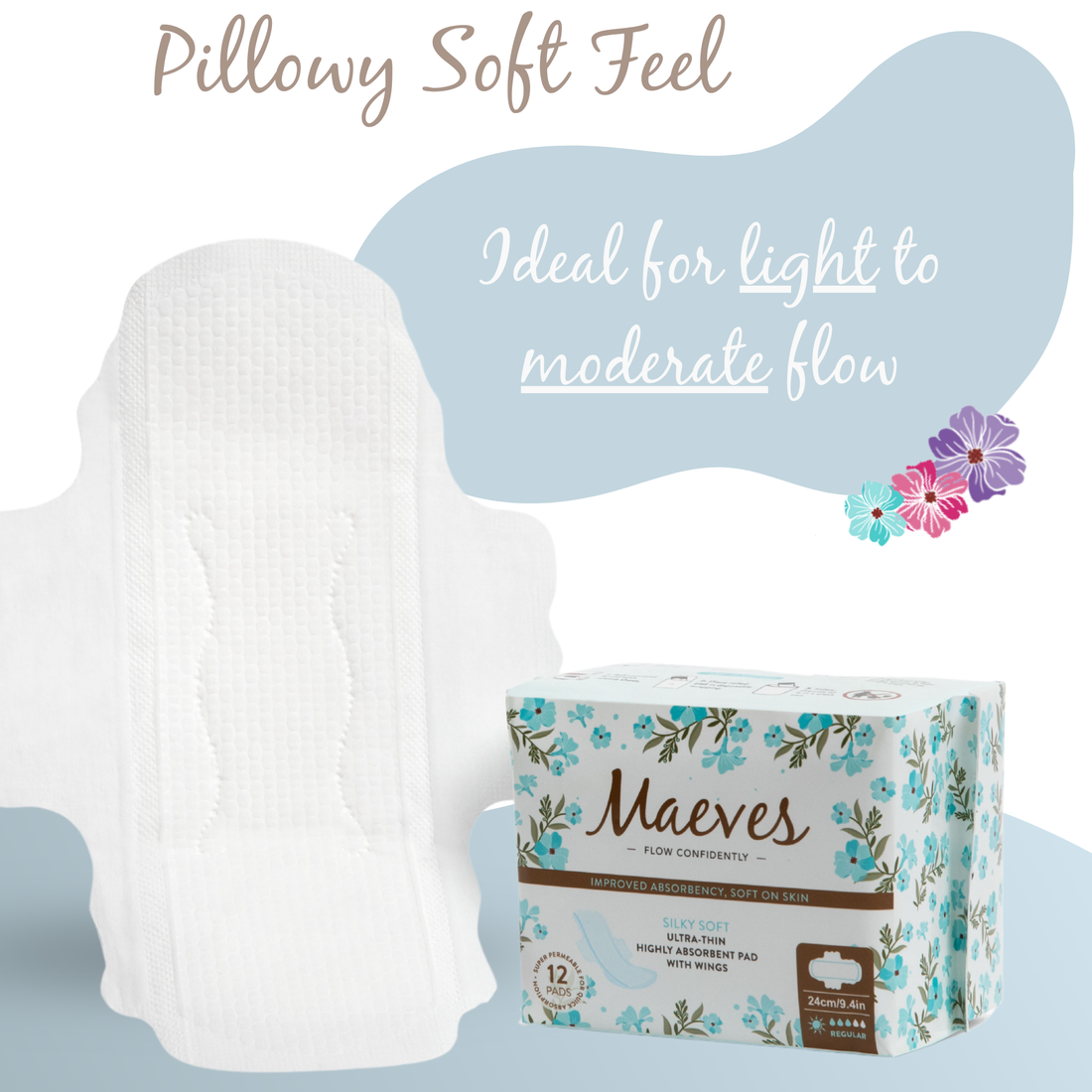 Maeves Regular Pads + Wings | Ultra-Thin | 24ct, Organic, Renewable, Silky Smooth & Chemical-Free Protection