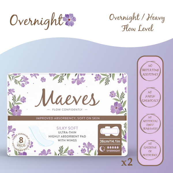 Overnight Organic Sanitary Pads with Wings - Ultra-Thin, Renewable Fibres, Silky Smooth, Protects Body & Skin- 16 counts