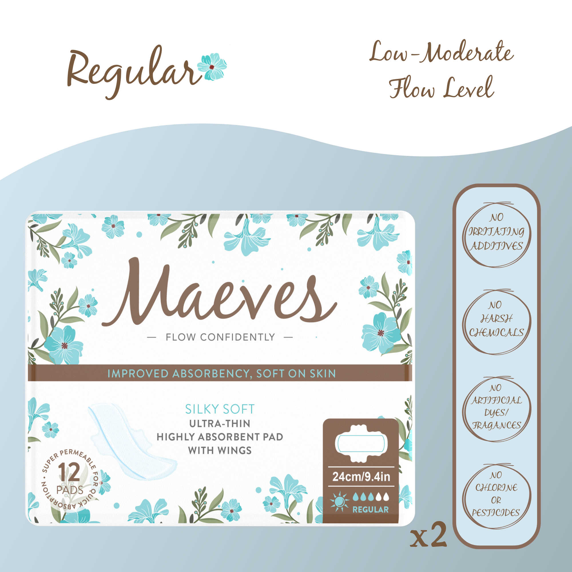 Maeves Regular Pads + Wings | Ultra-Thin | 24ct, Organic, Renewable, Silky Smooth & Chemical-Free Protection