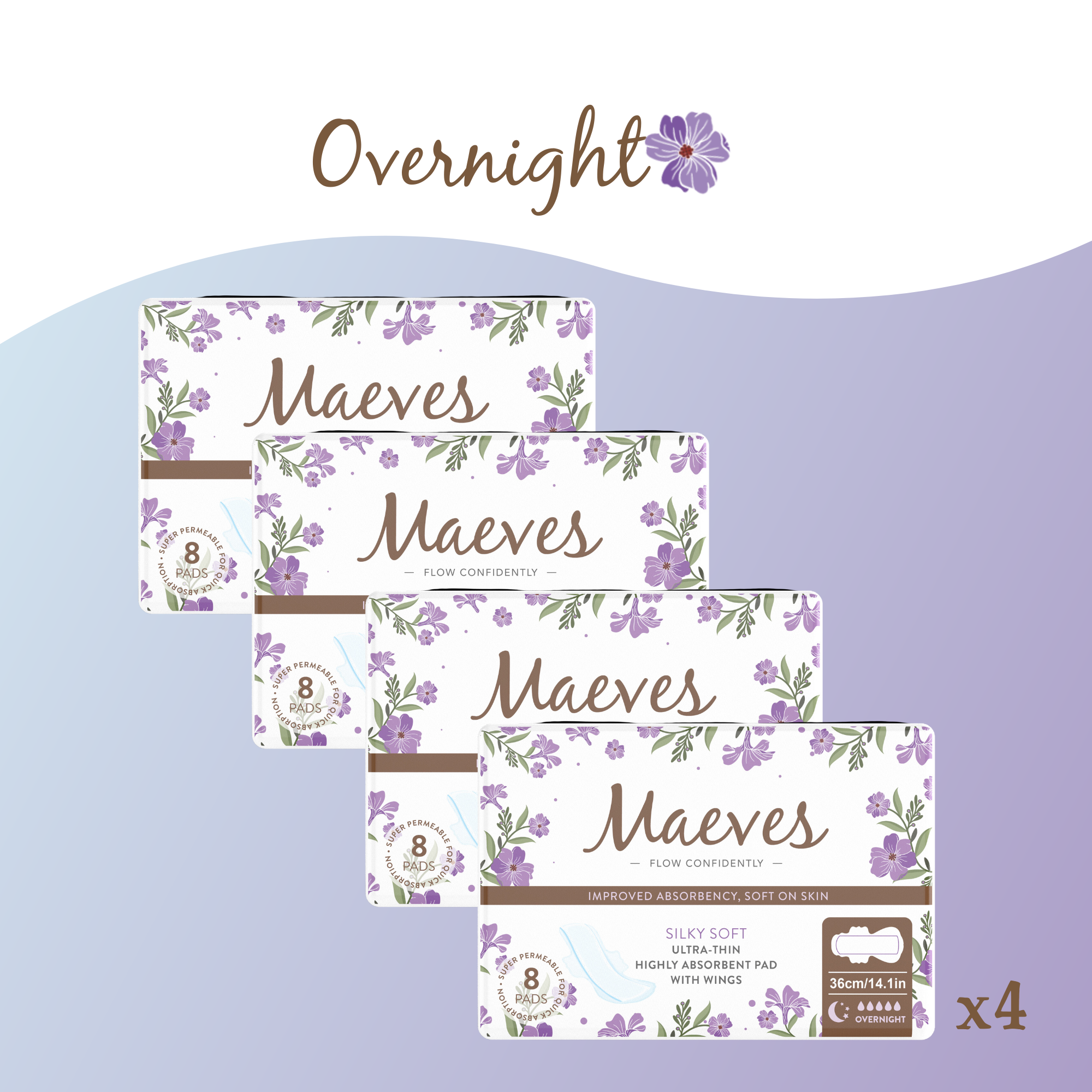 Maeves Overnight Pads + Wings | 16ct | Ultra-Thin, Organic, Silky Smooth & Chemical-Free Protection for Extra Heavy Flow