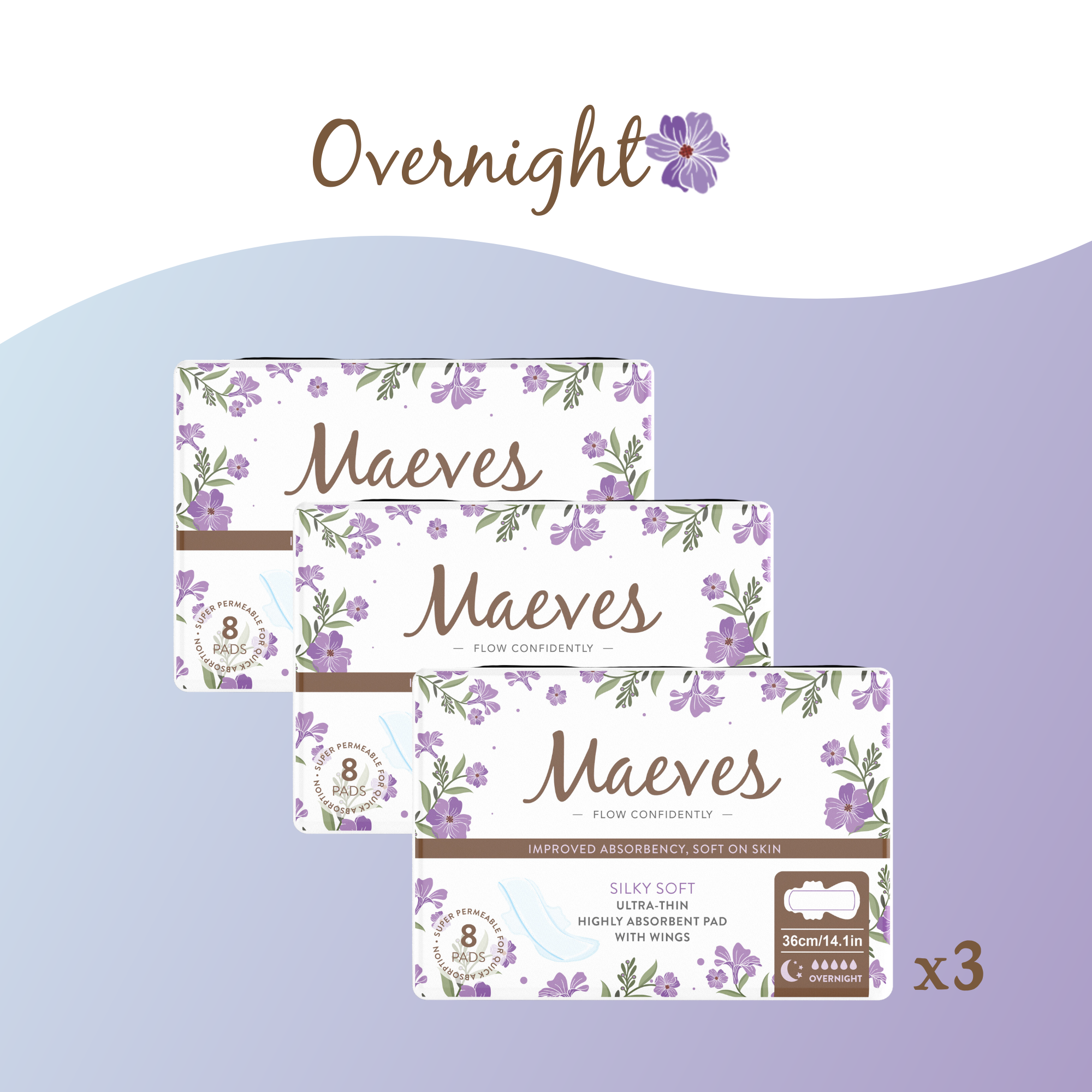 Maeves Overnight Pads + Wings | 16ct | Ultra-Thin, Organic, Silky Smooth & Chemical-Free Protection for Extra Heavy Flow