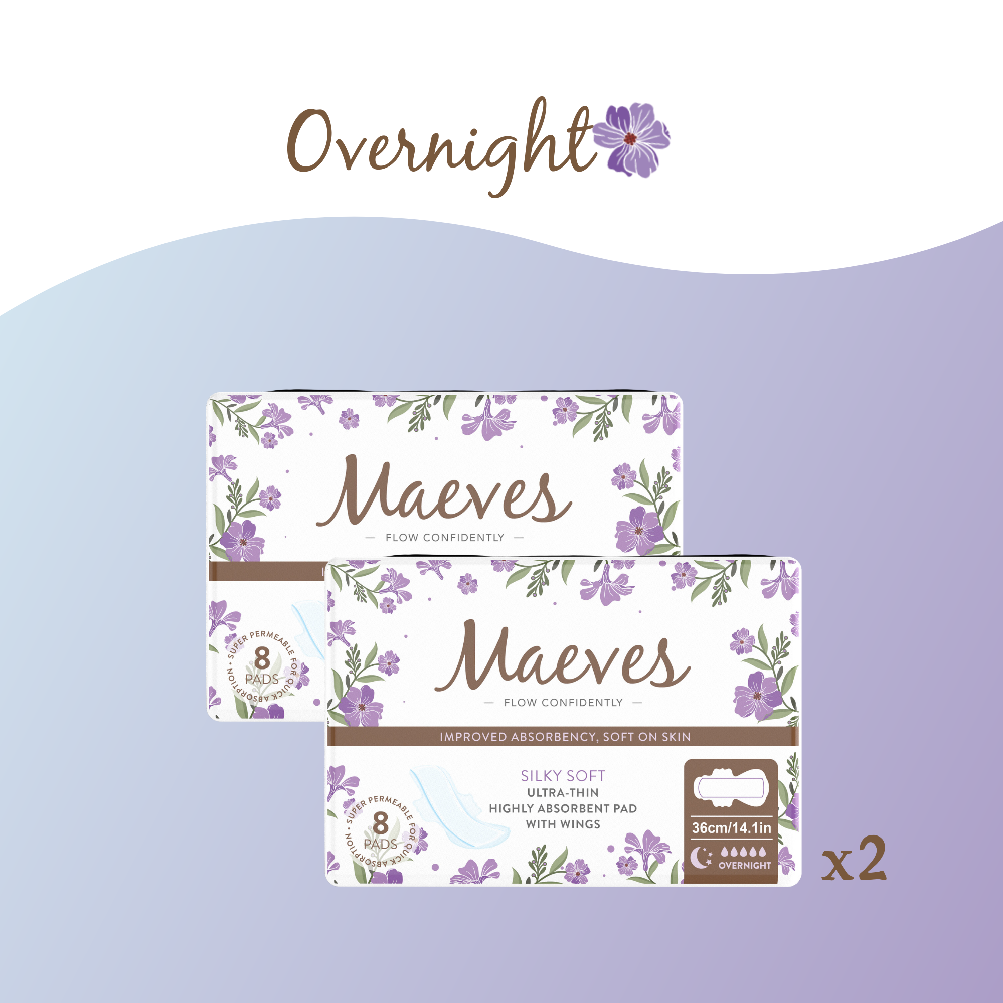 Maeves Overnight Pads + Wings | 16ct | Ultra-Thin, Organic, Silky Smooth & Chemical-Free Protection for Extra Heavy Flow