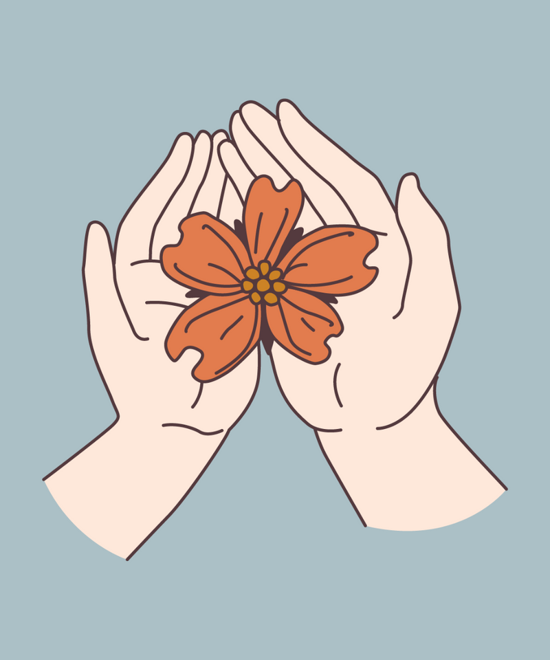 Cartoon hands coming together with an orange flower in the middle of the hands